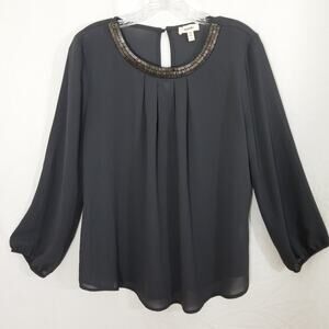 Meraki charcoal chiffon beaded neckline tunic top L